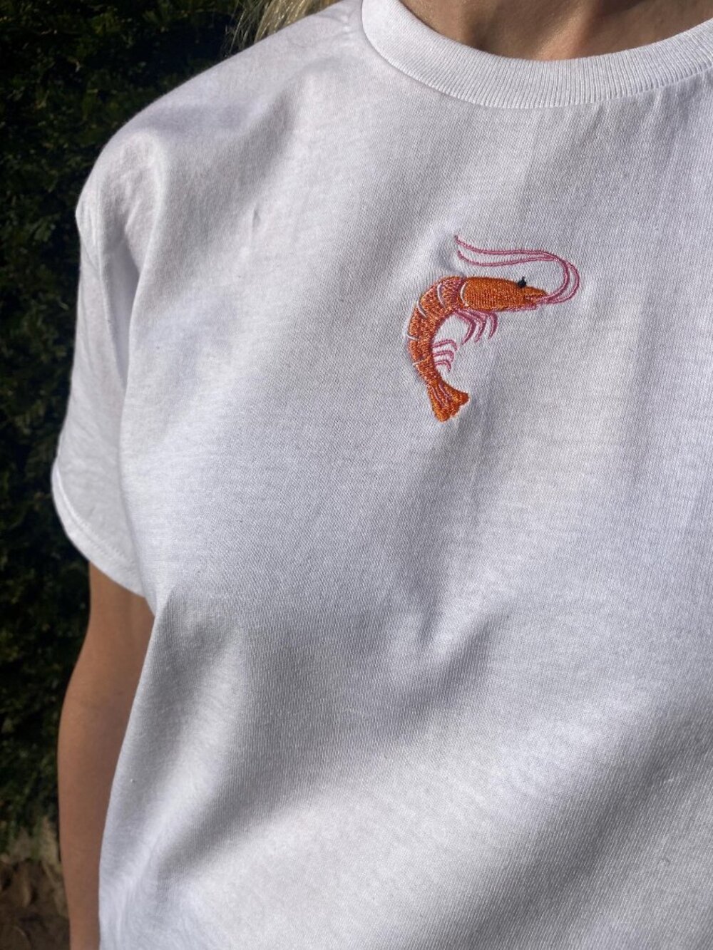 Shrimp Embroidered T-Shirt | Prawn Sea Life Embroidery Tee | Coastal Graphic Tee